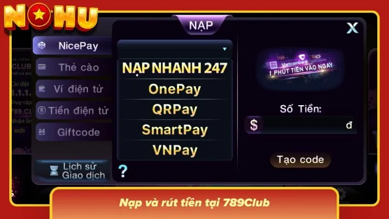 Khu vực giao dịch hiển thị các lựa chọn nạp và rút tiền riêng biệt