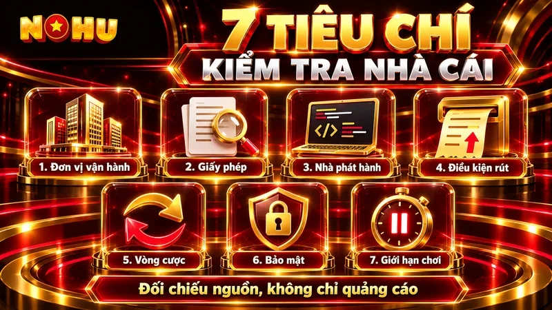 Bảy ô biểu tượng ghi đơn vị vận hành, giấy phép, nhà phát hành, điều kiện rút, vòng cược, bảo mật và giới hạn chơi.