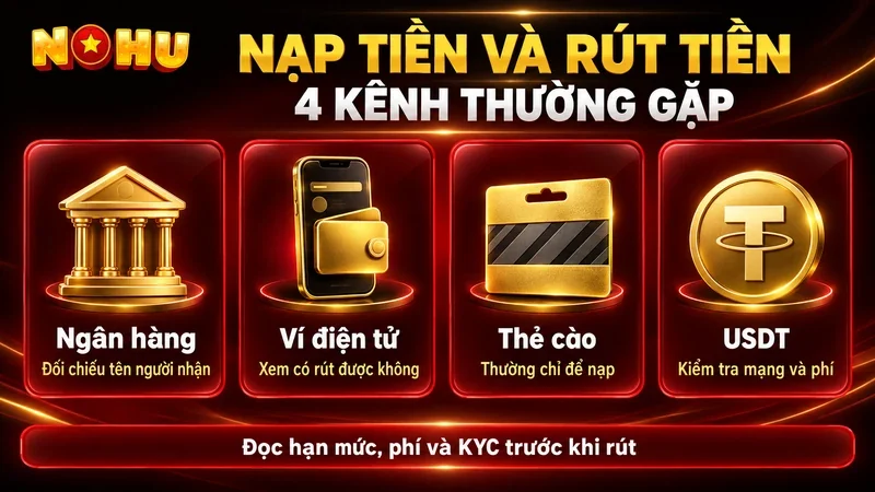 Bốn kênh nạp tiền và rút tiền: ngân hàng, ví điện tử, thẻ cào thường chỉ để nạp và USDT; nhắc đọc hạn mức, phí và KYC trước khi rút.